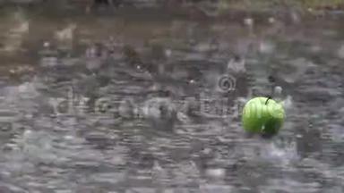 特写镜头拍摄<strong>雨</strong>落在绿色苹果上，放在<strong>水面</strong>上，<strong>雨</strong>路上有气泡。